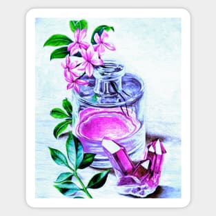 Pretty print perfume bottle and rose quartz - wiccan Sticker